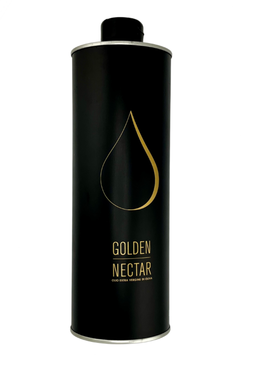 Large and slender 1L tin containing mild Golden Nectar, Organic, Extra Virgin, Olive Oil
