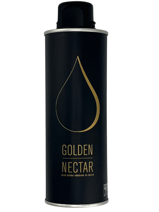 Small and slender 250ml tin containing mild Golden Nectar, Organic, Extra Virgin, Olive Oil