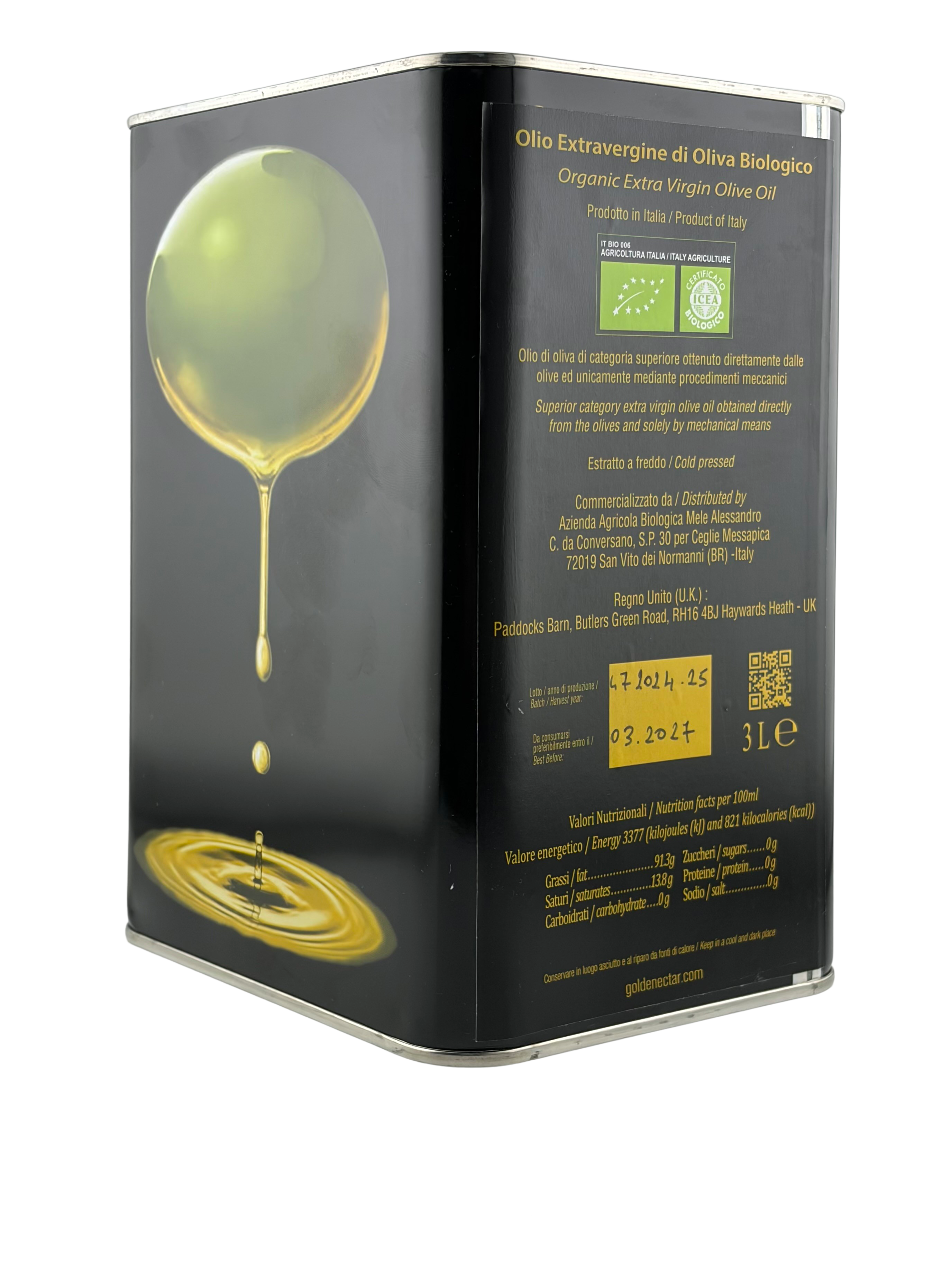 Large square 3L tin containing Golden Nectar, Organic, Extra Virgin, Olive Oil