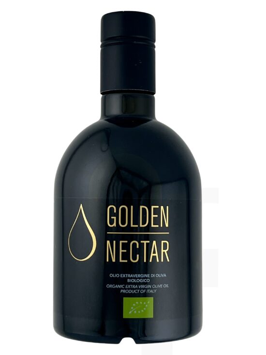 Medium sized 500ml, dark glass container with single estate Golden Nectar, Organic, Extra Virgin, Olive Oil