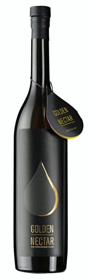Tall and slender, dark glass container with single estate Golden Nectar, Organic, Extra Virgin, Olive Oil