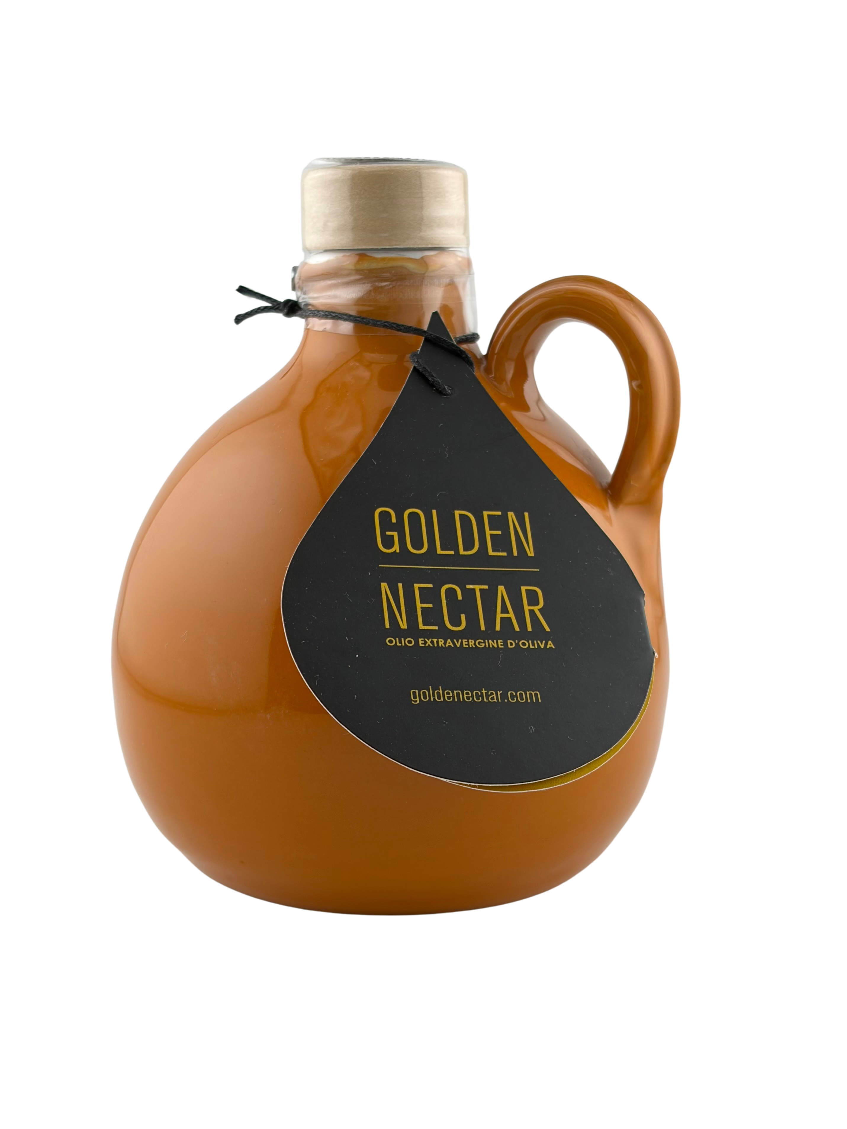 Round, orange, painted ceramic container containing Golden Nectar, Organic, Extra Virgin, Olive Oil