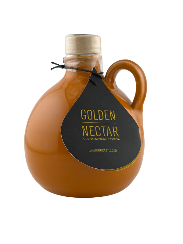 Round, orange, painted ceramic container containing Golden Nectar, Organic, Extra Virgin, Olive Oil