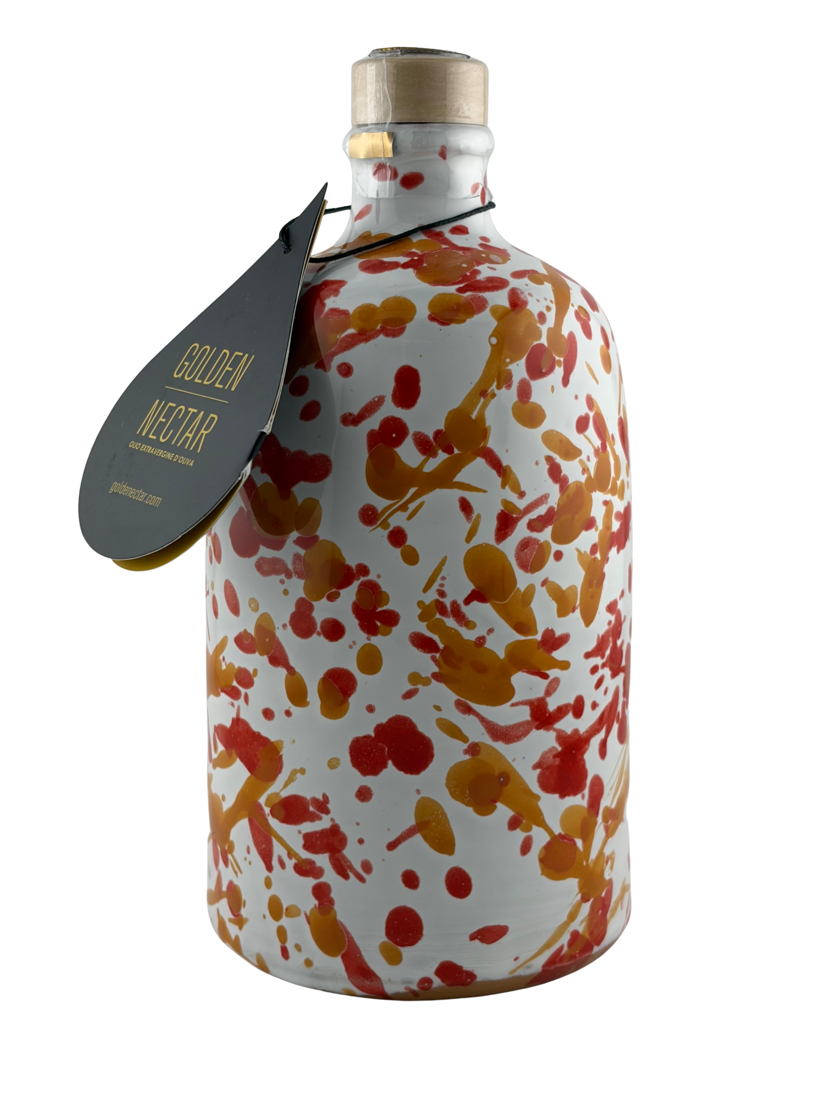 Tall, white ceramic container, speckled with orange paint, containing Golden Nectar, Organic, Extra Virgin, Olive Oil