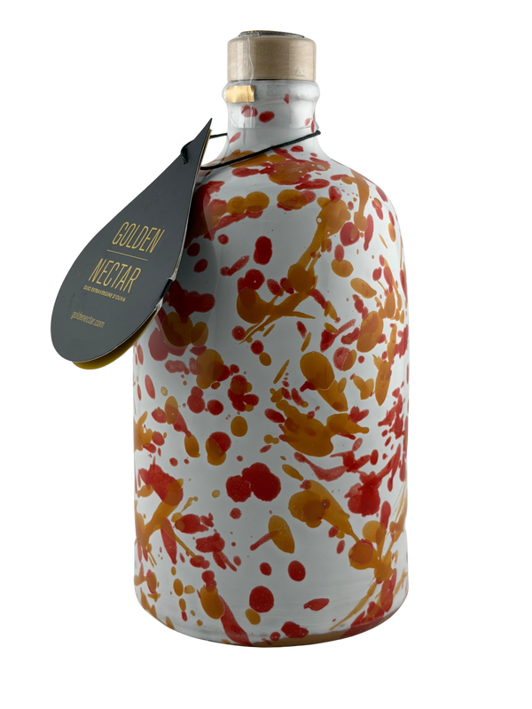 Tall, white ceramic container, speckled with orange paint, containing Golden Nectar, Organic, Extra Virgin, Olive Oil