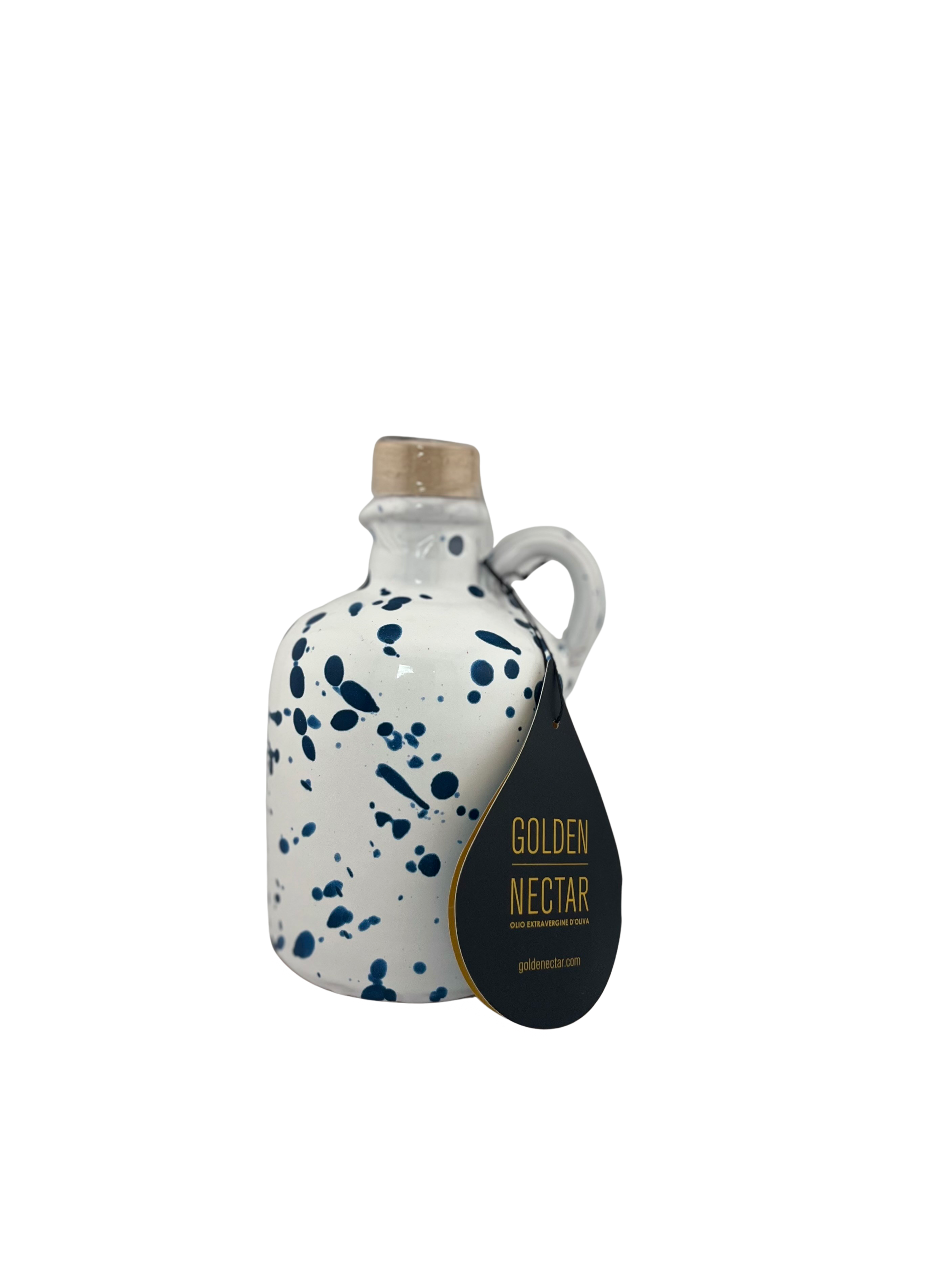 Short, white ceramic container, speckled with blue paint, containing Golden Nectar, Organic, Extra Virgin, Olive Oil