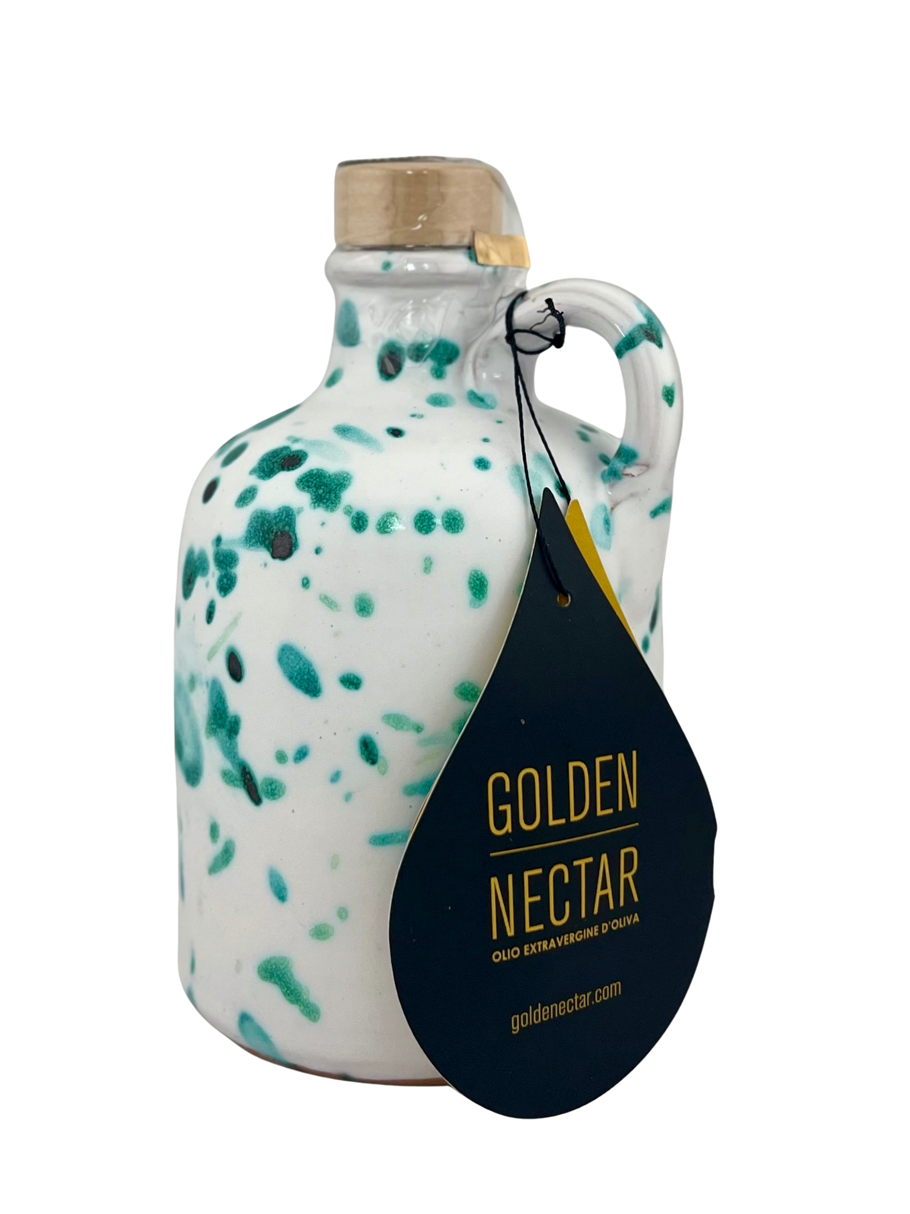 short, white ceramic container, speckled with turquoise paint, containing Golden Nectar, Organic, Extra Virgin, Olive Oil