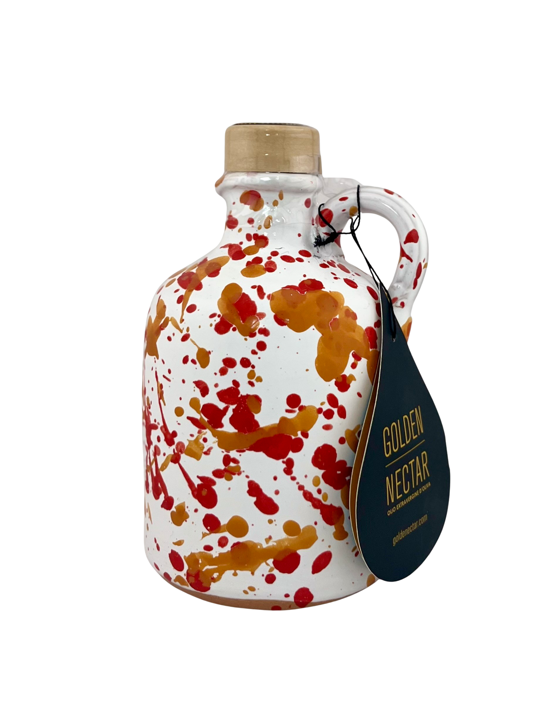 Short, white ceramic container, speckled with orange paint, containing Golden Nectar, Organic, Extra Virgin, Olive Oil