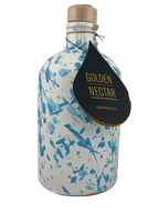 Tall, white ceramic container, speckled with light blue paint, containing Golden Nectar, Organic, Extra Virgin, Olive Oil
