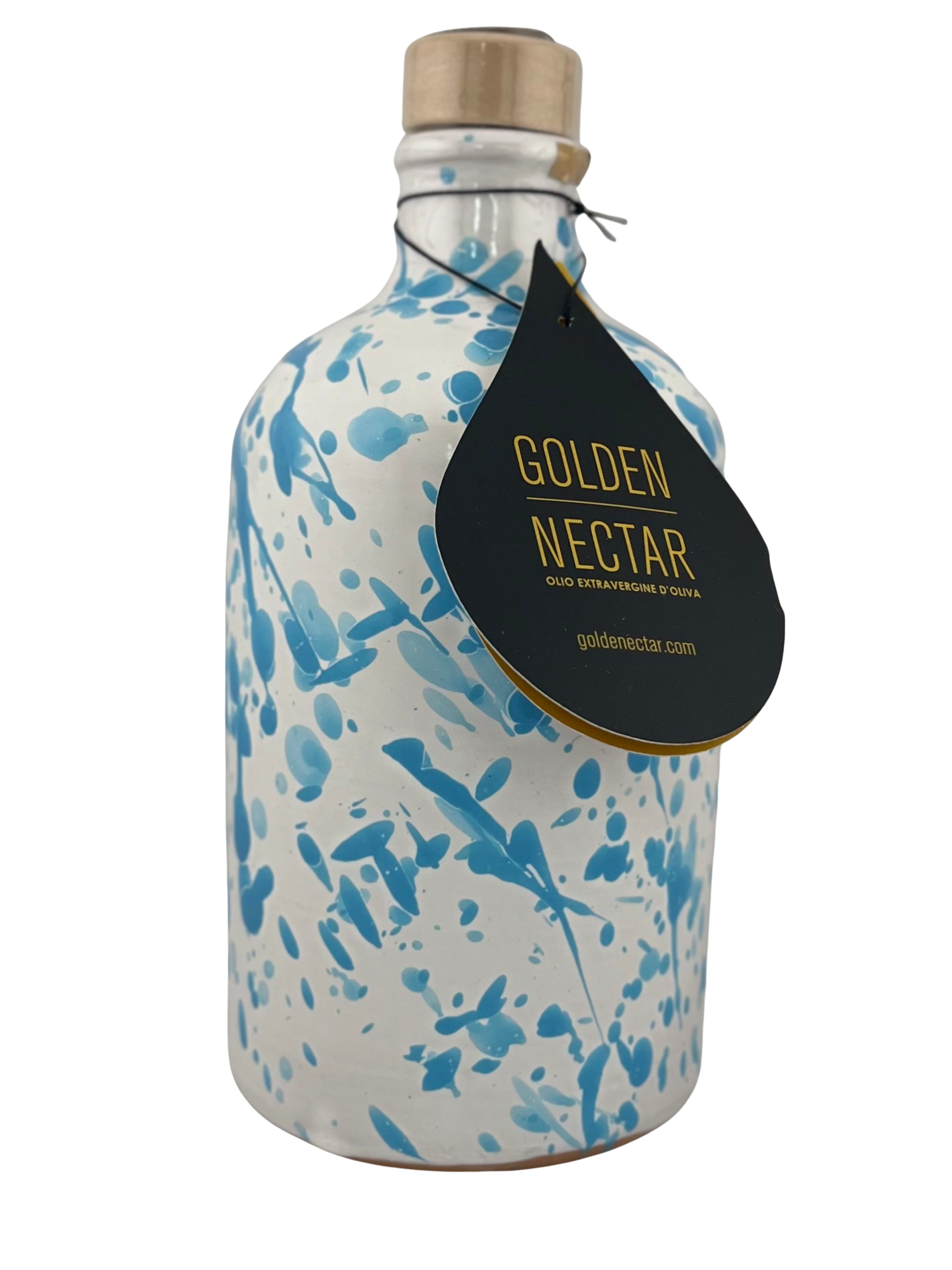Tall, white ceramic container, speckled with light blue paint, containing Golden Nectar, Organic, Extra Virgin, Olive Oil