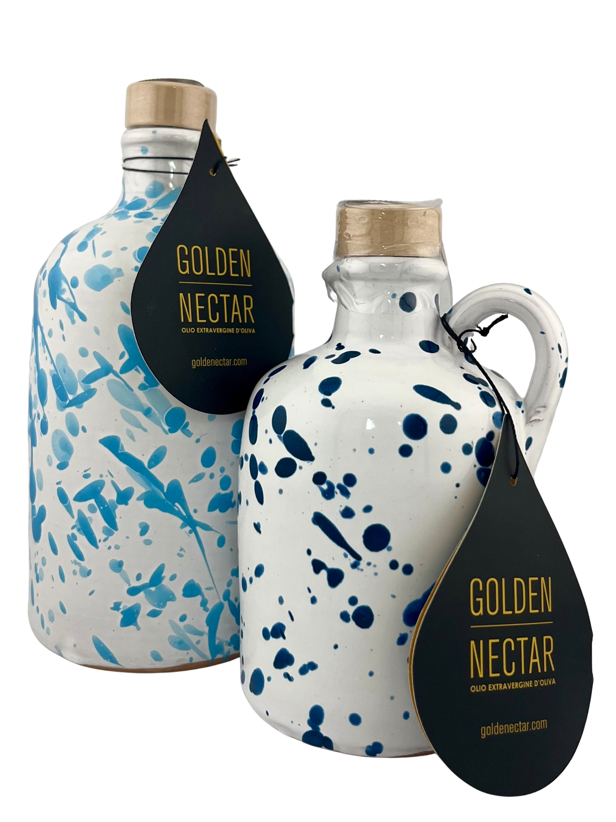 Tall, white ceramic container, speckled with light blue paint, alongside short white ceramic container speckled with dark blue paint, both containing Golden Nectar, Organic, Extra Virgin, Olive Oil