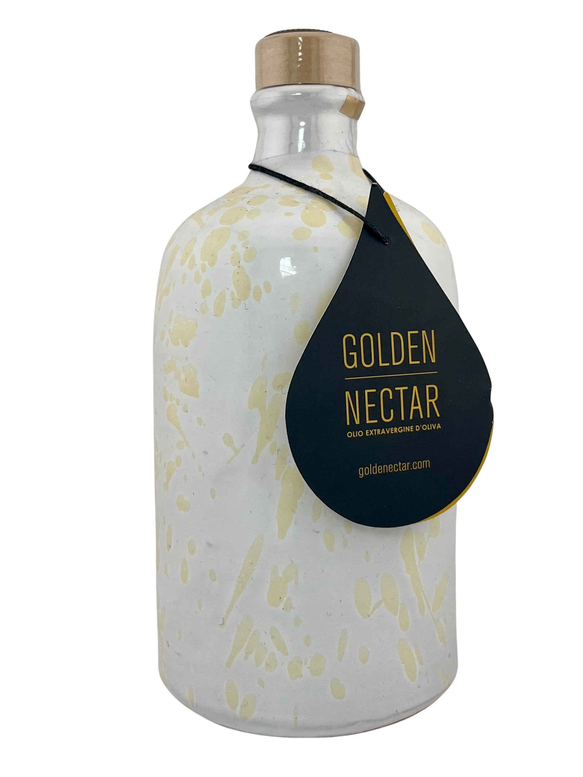 Tall, white ceramic container, speckled with yellow paint, containing Golden Nectar, Organic, Extra Virgin, Olive Oil