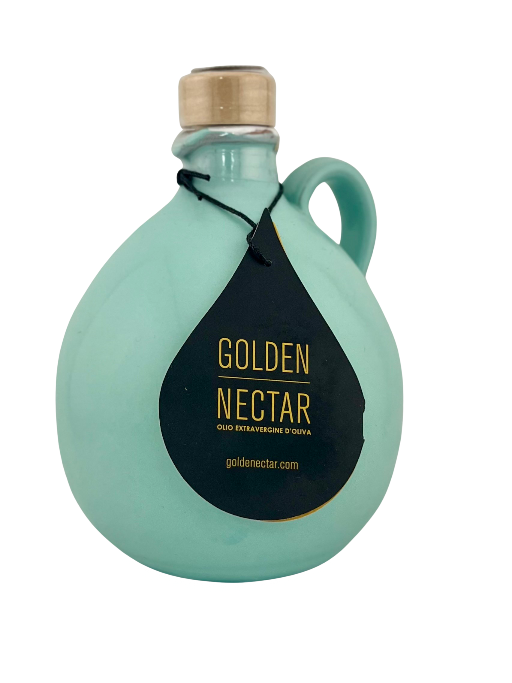 Round, blue, painted ceramic container containing Golden Nectar, Organic, Extra Virgin, Olive Oil