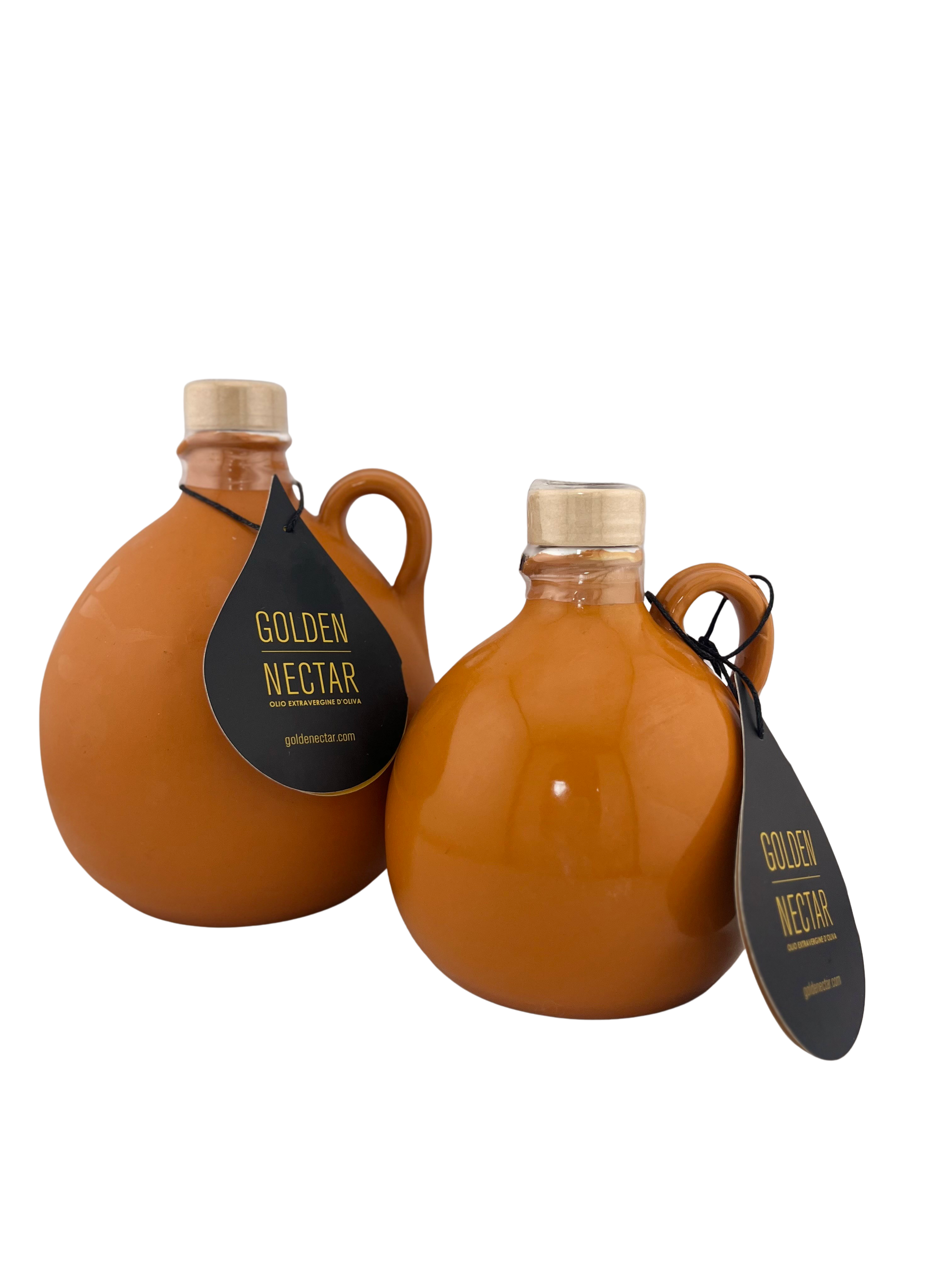 Round, orange, painted ceramic containers containing Golden Nectar, Organic, Extra Virgin, Olive Oil