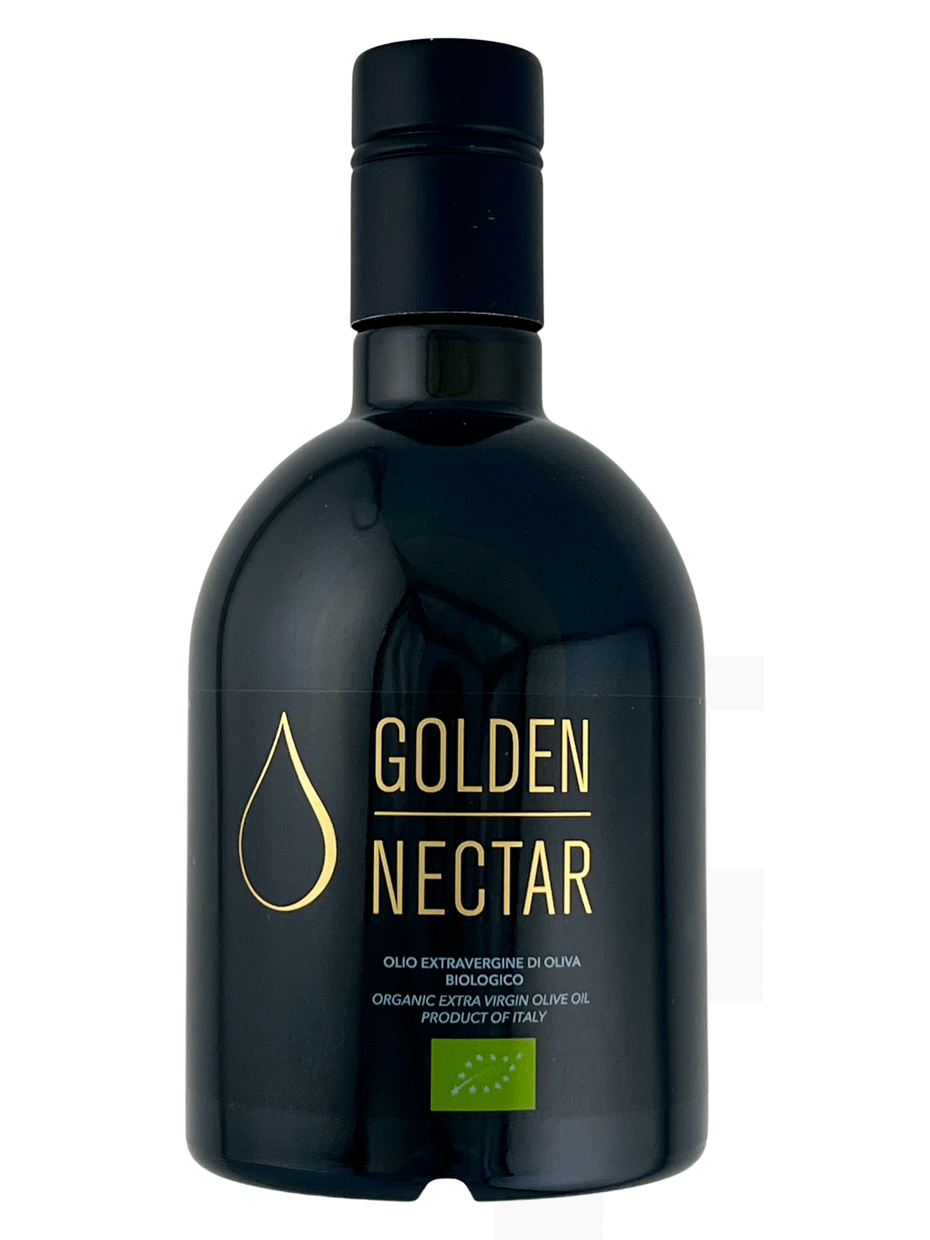 Medium sized 500ml bottle of Picholine Golden Nectar, Organic, Extra Virgin, Olive Oil with dark glass container 