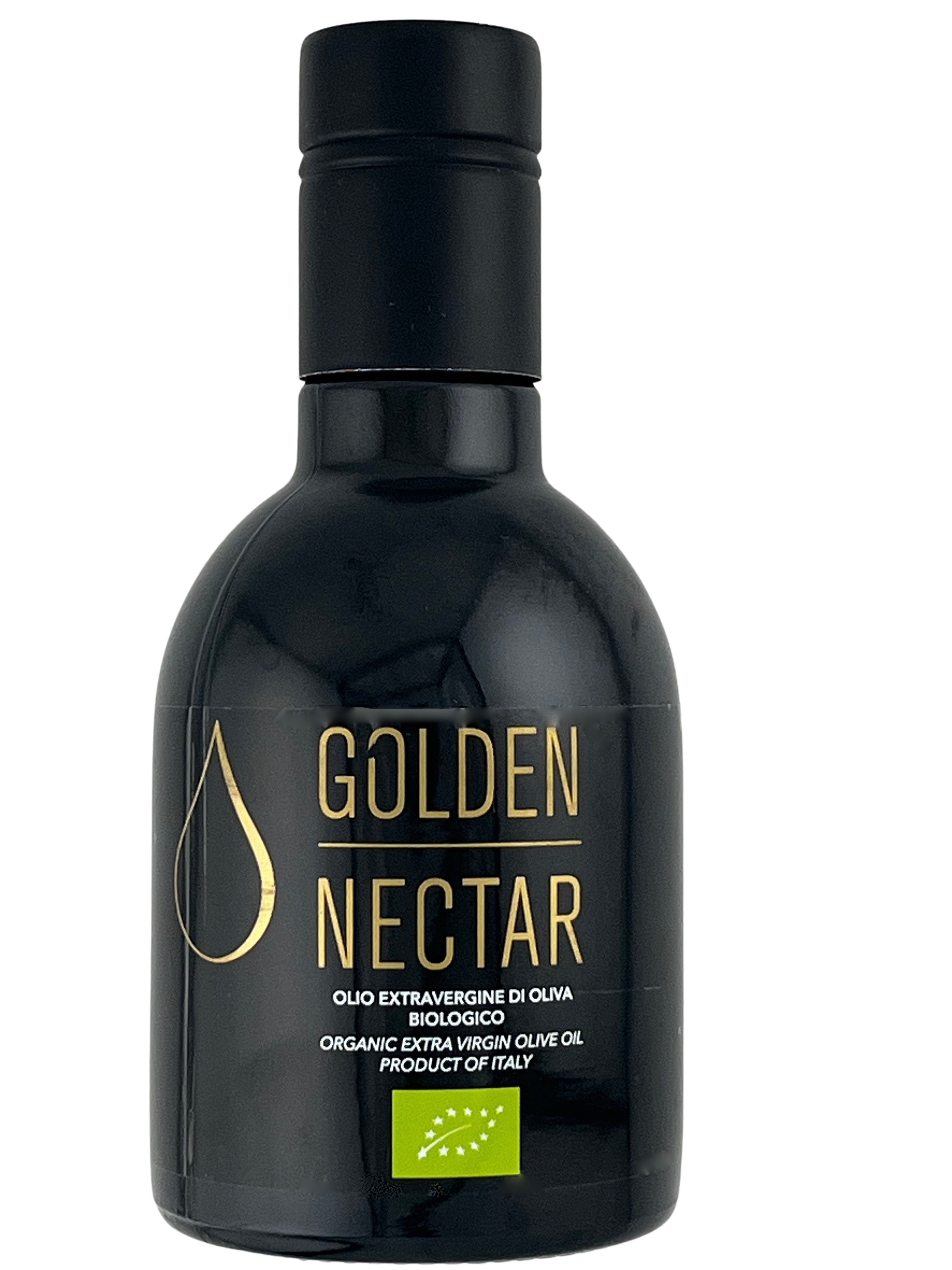 Small 250ml bottle of Picholine Golden Nectar, Organic, Extra Virgin, Olive Oil with dark glass container 