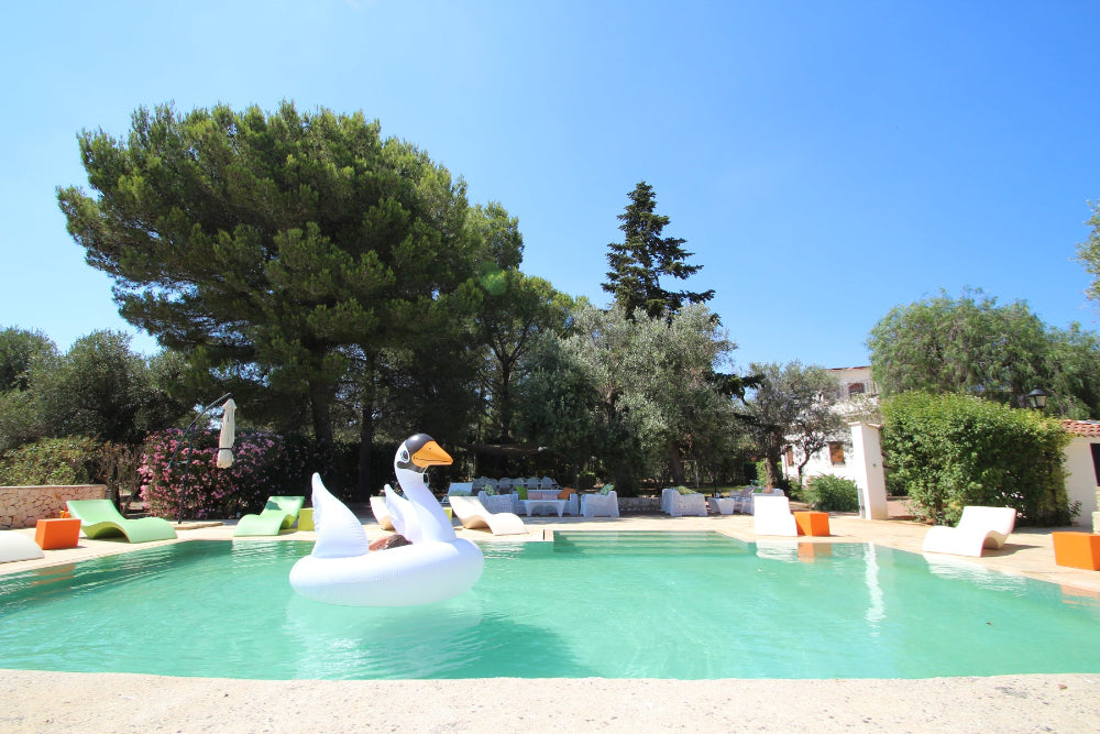 Swan-shaped inflatable pool float in a swimming pool with trees and a building in the background.