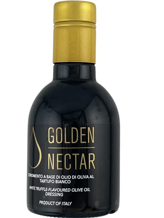 A small 250ml dark glass container containing white truffle flavored Golden Nectar, Extra Virgin, Olive Oil